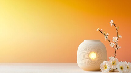 Poster - Glowing clay oil lamp radiating warm light with intricate circular and line patterns flowing around it symbolizing energy and harmony  Delicate flowers are placed beside the lamp