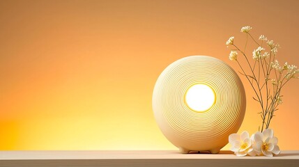 Fototapete - Radiant clay oil lamp with intricate circular and line patterns flowing around it symbolizing energy and delicate flowers placed beside it