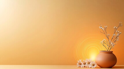 Fototapete - Captivating clay oil lamp radiating warm soothing light adorned with intricate circular and line patterns flowing around it symbolizing energy and harmony  Delicate flowers placed beside the lamp