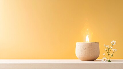 Fototapete - Glowing traditional earthen lamp emitting a bright flame surrounded by abstract circular patterns and lines evoking a sense of floating energy and movement accompanied by delicate small flowers
