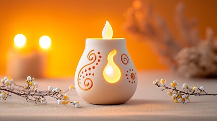 Poster - Warmly glowing clay lamp with decorative swirls and dots around it surrounded by small flowers on a softly blended background of orange and yellow to emphasize the flame and create a cozy