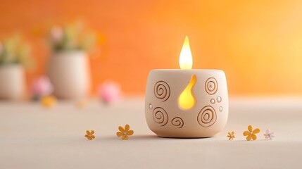 Poster - Warmly Glowing Decorative Clay Lamp with Swirling Patterns and Dots Surrounded by Small Flowers on a Softly Blended Orange and Yellow Background Creating a Cozy and Inviting Ambiance