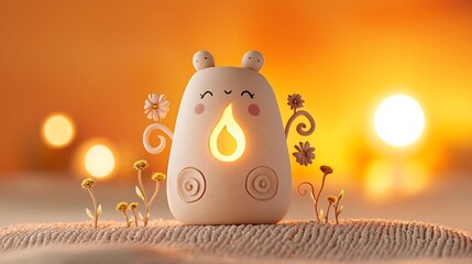 Poster - Warmly glowing clay lamp with intricate swirls and dotted patterns surrounded by small delicate flowers