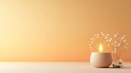 Poster - Earthen ceramic lamp with a gentle flame encircled by dots and swirls symbolizing floating energy with small flowers beside it set against a warm