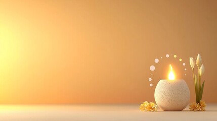 Poster - Earthen lamp with a gentle flame encircled by dots and swirls symbolizing floating energy with small flowers beside it set against a warm soft gradient background in shades of orange and yellow
