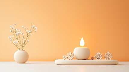 Poster - Warm and Elegant Traditional Clay Lamp with Captivating Circular Patterns and Delicate Floral Accents Against a Smooth Orange and Yellow Gradient Background