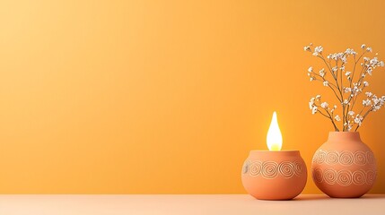 Fototapete - Warm and radiant traditional clay lamp with a bright flame surrounded by circular patterns and delicate flowers