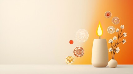 Poster - Warm and Radiant Traditional Clay Lamp Surrounded by Delicate Floral Patterns Against a Smooth Orange and Yellow Gradient Background