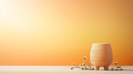 Poster - Warm and Inviting Clay Oil Lamp with Intricate Patterns and Surrounding Tiny Flowers on a Gradient Background in Soothing Orange and Yellow Tones