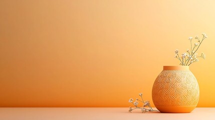 Poster - Intricately patterned clay oil lamp emitting a warm captivating glow set against a gradient background of vibrant orange and yellow tones with delicate flowers adding a touch of natural elegance