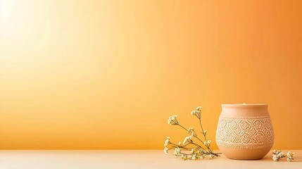 Poster - Warm and Cozy Clay Oil Lamp with Intricate Decorative Patterns Surrounded by Tiny Flowers on a Gradient Background in Soothing Orange and Yellow Tones