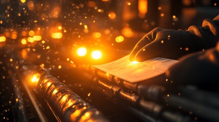 Fototapete - A hand holds a sheet of paper against a backdrop of warm lights and soft rain, creating a cozy, reflective atmosphere.