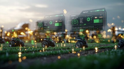 Aufkleber - Cutting Edge Interface Showcasing Real Time Agricultural Analytics and Data Visualization Set Against a Backdrop of Beautiful Bokeh and Golden Light Flares Depicting the Future of Farming Technology