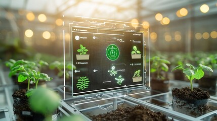 Aufkleber - AI powered greenhouse management system displaying real time sensor data amidst warm golden bokeh lighting highlighting modern agricultural solutions and technological optimization