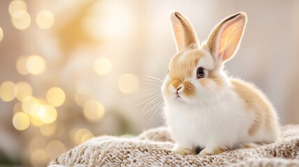 Adorable fluffy bunny sitting comfortably on a soft blanket surrounded by a dreamy golden bokeh backdrop and delicate light flares creating a cozy and peaceful atmosphere