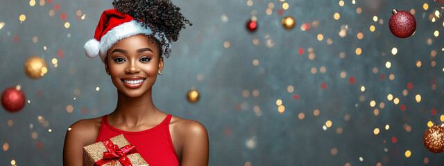 Wall Mural - Xmas vibes - holiday season - merry christmas - sexy santa - happy smiling young black afroamerican woman waiting for Santa Claus. Horizontal frame