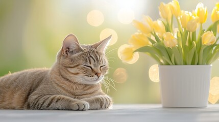 Poster - Relaxed and content feline pet lounging in a cozy warm and serene setting with soft golden light and bokeh effects