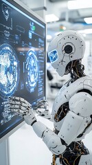 Fototapete - Humanoid Robot Interacting with Holographic Screens in Futuristic Laboratory Setting Highlighting Cutting Edge Technology and Intelligence