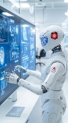 Fototapete - Humanoid robot interacting with holographic screens in a cutting edge futuristic laboratory highlighting the latest advancements in intelligence automation and digital technology