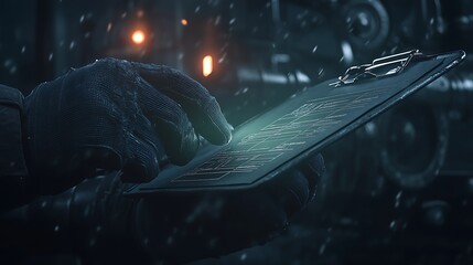 Fototapete - A gloved hand holds a futuristic tablet, illuminated by a soft glow amidst a backdrop of dark machinery and falling rain droplets.