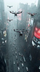 Fototapete - Futuristic city landscape featuring a sleek high tech skyline with flying hover cars and robotic citizens  The scene is set against a backdrop of neon lit digital billboards and skyscrapers