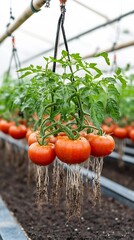 Aufkleber - Cutting edge aeroponic system for growing tomato plants in a modern soil less setup  The roots are suspended in mid air and sprayed with a fine nutrient mist enabling efficient