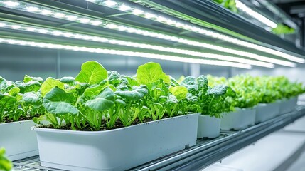 Aufkleber - Vertical indoor farm with rows of lush leafy greens growing in stacked shelves enhanced by bright LED lights for optimal growth showcasing the future of modern and sustainable urban agriculture