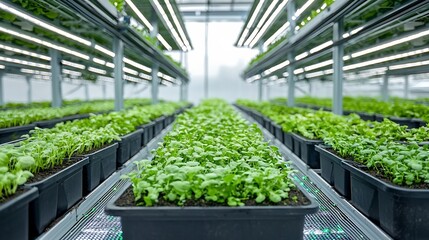 Aufkleber - Vertical Indoor Farm with Stacked Shelves of Lush Leafy Greens Thriving Under Bright LED Lights Showcasing the Future of Sustainable and Efficient Urban Agriculture in a Controlled Environment
