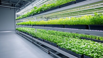 Aufkleber - Rows of vegetables growing vertically in an indoor facility with LED lights highlighting each level representing a futuristic and sustainable approach to modern agriculture and food production