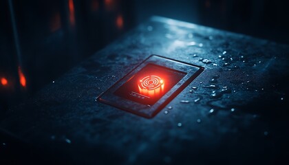 Aufkleber - A glowing red symbol on a metallic surface surrounded by a misty atmosphere, evoking a sense of mystery and technology.