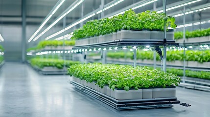 Aufkleber - Rows of vibrant vegetables growing vertically in a futuristic indoor farming facility with LED lighting highlighting each level and representing a cutting edge sustainable agricultural approach