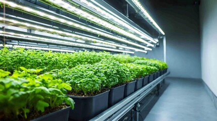 Aufkleber - Futuristic high rise vertical farm with rows of green plants on multiple levels each illuminated by energy efficient LED lighting to promote optimal growth