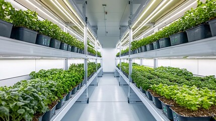 Aufkleber - Innovative High Rise Vertical Farm with Rows of Green Plants Illuminated by LED Lights Showcasing Sustainable and Efficient Indoor Agriculture Technology for Urban Areas