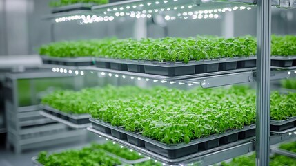 Aufkleber - Vertical indoor farming system with stacked trays of fresh green produce thriving under LED lighting creating an efficient and sustainable growth environment in limited urban space