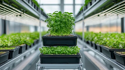 Aufkleber - Innovative Indoor Vertical Farming with Fresh Green Produce Growing on Stacked Trays under Optimal LED Lighting in Limited Space for Sustainable and Efficient Urban Agriculture