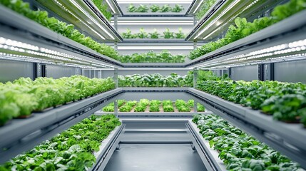 Aufkleber - Multi Tiered Indoor Vertical Farming System with Fresh Vegetables Growing on Shelves Illuminated by Energy Efficient LED Grow Lights for Sustainable Urban Agriculture