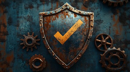 rust programming language concept featuring a rusty shield with a checkmark and cogwheel, symbolizin