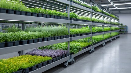 Aufkleber - Efficient and modern indoor urban farm with vertically stacked layers of plants each shelf brightly lit by LED lights