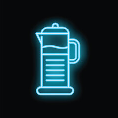 Wall Mural - Bright blue neon sign of a french press coffee maker on a black background