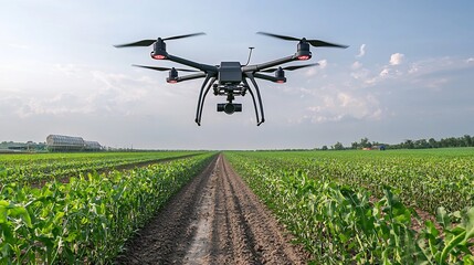 Aufkleber - Futuristic smart farm with drones flying above crop fields using advanced sensors and data analytics to monitor plant health soil moisture