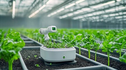 Aufkleber - Autonomous agricultural robot using sensors and data analytics to monitor plant health and growth in a smart high tech farm representing the future of precision and sustainable farming