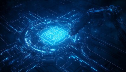 Aufkleber - A futuristic, glowing blue network of interconnected nodes and pathways, illustrating a cybernetic landscape or digital cityscape.