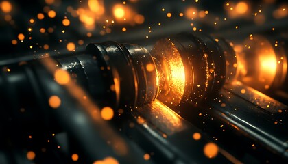 Fototapete - A close-up view of metallic cylinders glowing with orange light, surrounded by shimmering particles, creating an industrial yet magical atmosphere.