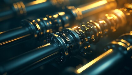 Poster - A close-up view of metallic components featuring intricate details and reflective surfaces, illuminated by warm light, suggesting advanced machinery or engineering.