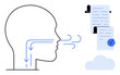 © robu_s - Human head silhouette exhaling air, with airflow arrows indicating direction. Document with check mark and cloud icon symbolize data validation. Ideal for medical, respiratory studies, data