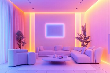 Wall Mural - A sleek modern living room showcases stylish furniture and customizable smart lighting, creating a warm, inviting ambiance for relaxation. Generative AI