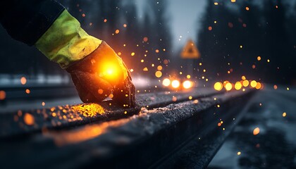 Poster - A hand in a safety glove inspects a metal rail, illuminated by nearby vehicle lights, amidst a rainy, dark environment.