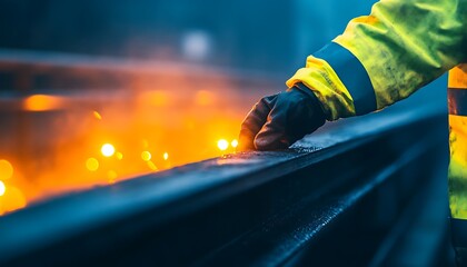 Aufkleber - A worker in a safety jacket gently touches a railing, surrounded by an orange glow, indicating industrial or construction activity.