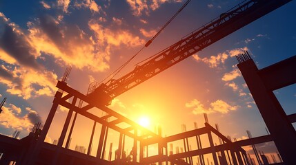 Aufkleber - A silhouette of construction beams against a vibrant sunset sky, showcasing the interplay of light and structure in an urban environment.