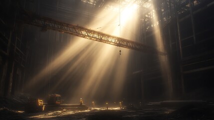 Poster - A dimly lit industrial space with beams of light piercing through, creating an atmospheric and mysterious ambiance.